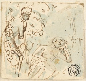 Vázlat a személyzetre támaszkodó férfiról, aki alvó nőt néz alkotó: Thomas Stothard