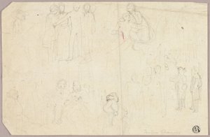 Vázlatok Tristram Shandy számára (recto); Vázlatok a medálról ülő allegorikus figurával (fordítva) alkotó: Thomas Stothard