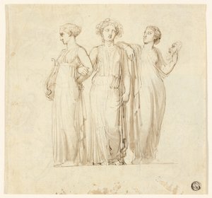 Három múzsa (recto); Tanulmány a lovagról és a szerzetesről egy gótikus regény illusztrációjához (verso) alkotó: Thomas Stothard