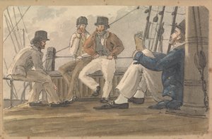 Négy matróz pihen a fedélzeten, az egyikük olvas. alkotó: Thomas Streatfeild