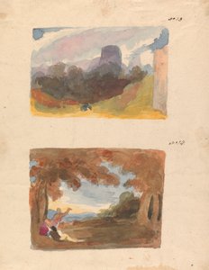 Két rajz egy lapra: Táj kastélyral - modern modor (13. sz.); Táj alakokkal az előtérben (14. sz.) alkotó: Thomas Sully