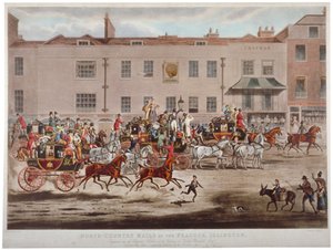 Postakocsik a Peacock Inn épülete előtt az Islington High Streeten, Londonban, 1823. alkotó: Thomas Sutherland