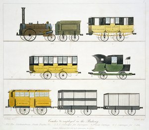 A vasúton alkalmazott kocsik, 7. tábla a "Liverpool and Manchester Railway" című műből, metszette Henry Pyall (1795-1833), kiadta R. Ackermann, 1831. alkotó: Thomas Talbot Bury