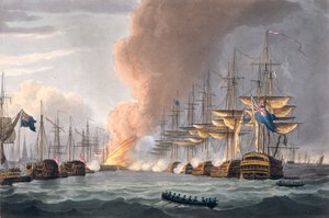 A dán flotta megsemmisítése Koppenhága előtt, 1801. április 2., Thomas Sutherland vésette J. Jenkins „Tengerészeti eredményei” című művéhez, 1816