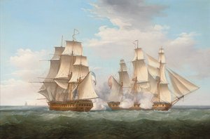 H.M.S. Ethalion hadjáratban a Thetis spanyol fregatttal a Finisterre-foknál, 1799. október 16., 1800. alkotó: Thomas Whitcombe