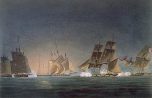 A HMS Rinaldo négy francia magánhajó ellen, J. Bailey metszete J. Ralfe "The Naval Chronology of Great Britain" című, 1820-ban megjelent művéhez. alkotó: Thomas Whitcombe
