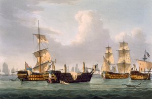 Lord Hotham akciója, 1795. március 14., Thomas Sutherland metszete J. Jenkins "Naval Achievements" című művéhez, 1816 (színes metszet).