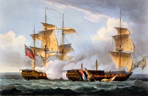 La Vestale elfoglalása, 1799. augusztus 20., James Jenkins „The Naval Achievements of Great Britain” című művéből, Thomas Sutherland metszetében, 1817-ben (kézzel színezett akvatinta)