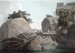Délkeleti nézet a Hamisítványok sziklájáról a Gangesz folyón, Sultaungunge közelében, X. tábla az „Oriental Scenery”-ből, 1800-ban (színes akvatinta) (lásd még: 86311) alkotó: Thomas und William Daniell