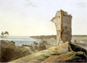 Kilátás Currah erődjének romjairól, a Gangesz folyón, XXI. tábla a „Keleti táj” 4. részéből, kocsma. 1803 (akvatinta) alkotó: Thomas und William Daniell
