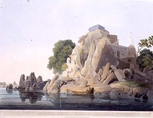 Délnyugati nézet a Hamis szikláról a Gangesz folyóban, Sultaungunge közelében, IX. tábla a „Keleti táj” 3. részéből, kocsma. 1800 (színes akvatinta) (lásd még: 195042) alkotó: Thomas und William Daniell