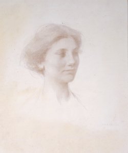Lányfej, 1909 körül (ezüsthegyezés fehér preparált matt kartonra) alkotó: Thomas Wilmer Dewing