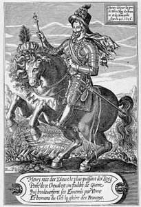 IV. Henrik (1553-1610) (egy ló) 45 éves portréja, Thomas de Leu metszete.