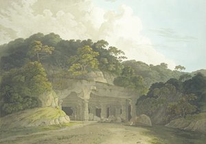 Az Elefánta-barlang bejárata, 58-as tábla az „Oriental Scenery: Twenty Four Views in Hindoostan” című filmből, 1800-ban alkotó: Thomas und William Daniell