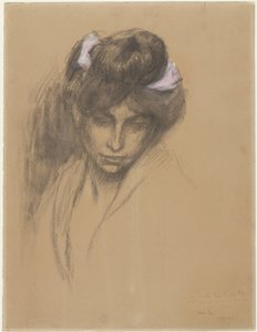 Sötét lányfej, lefelé néz, hajában lila szalaggal alkotó: Théophile Alexandre Steinlen