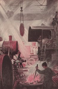 Mozdonyépítés (színes litográfia) alkotó: Thornton Oakley