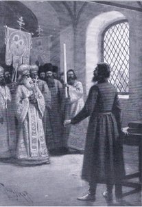 Boris Godunov in retirement at the monastery entreated to accept his election as Czar, illustration from Landmarks in European History published by Gresham Publishing Co, c.1920 (litho) alkotó: Thure de Thulstrup