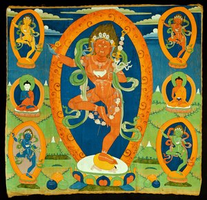 Thangka festmény, amely a Dakini Vadzsravarahit (Do rje pag mo) ábrázolja, tibeti, 19. század (repedés a kalikon) alkotó: Tibetan School