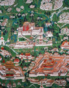 Lhásza városa és Potala, színes metszet alkotó: Tibetan School