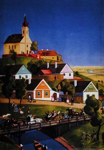Tipikus magyar falu, illusztráció egy turisztikai prospektusból, 1930-40 körül (színes litó) alkotó: Tibor Polya