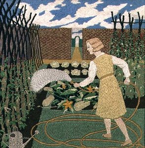 Egy nő öntözi a kertet (kézimunka) alkotó: Tirzah Ravilious