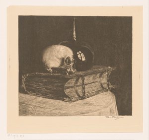 Csendélet koponyával és a Bibliával alkotó: Titia Heukers (signed by artist)