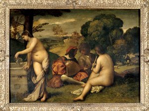 A zenekar zenész a füvön, a két nő meztelenül, egyikük a szökőkútban töltötte meg a kancsóját vízzel. Tiziano Vecellio dit le Titian (1485-1576) vagy Giorgio da Castelfranco dit Giorgione (1476/1478-1510) festménye V. 1,05 X 1