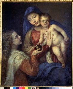 Madonna és gyermeke Mária Magdolnával. Tizian festménye (Tiziano Vecellio vagy Vecelli vagy Tiziano da Cador