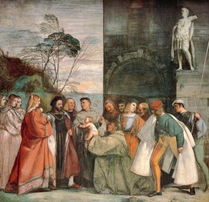 Újszülött csodája, részlet a jelenetek Páduai Szent Antal életéből, Tizianus (kb. 1490-1576), freskó, Szent vagy Scoletta Iskola, Padova alkotó: Titian (c.1488 1576)