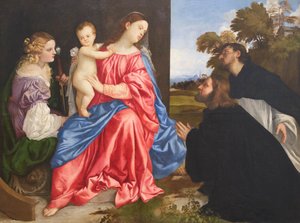 Szent beszélgetés Szent Katalin és Domonkossal, valamint az adományozóval, 1533 körül (olaj, vászon) alkotó: Titian (c.1488 1576)