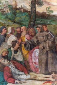 Szent Antal, aki visszahelyezi egy fiatal férfi lábát, A Szent Iskolája, 2197268 részlet (freskó) alkotó: Titian (c.1488 1576)