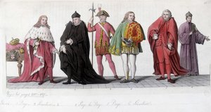 Nemes velenceiek (doge, Page és szenátor). A Le Titian (1485-1576) néven ismert Tiziano Vecellio ihlette metszet, amelyet a Szent Márk-bazilika mozaikjain reprodukálnak. Jules Ferrario "" A régi és modern kosztümben" 1819-1820.