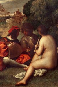 A zenekar koncertje Zenészek füvön, nők meztelenek. Részlet. Tiziano Vecellio dit le Titian (1485-1576) vagy Giorgio da Castelfranco dit Giorgione (1476/1478-1510) festménye V. 1,05 x 1,36 m Párizs, Louvre Múzeum