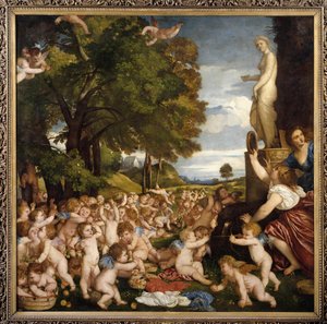 Offrande a Venus Kis szerelmesek (angyalok) gyűlnek össze, hogy tisztelegjenek Aphrodité istennő előtt – Tiziano Vecellio festménye: Tizian (1485-1576) 1518 Sun. 1,72 x 1,75 m Madrid musee du Prado - Vénusz imádata - Tiziano Vecellio Cinege című festménye alkotó: Tiziano Vecelli
