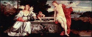 Tiziano Vecellio Szent szerelem és világi szerelem festménye, Tizianus (1490-1576) 1515 kb. Nap. 118x279 cm Róma, Galleria Borghese - Szakrális és profán szerelem - Tiziano Vecellio festménye, Tizianus (kb. 1488-1576), olaj, vászon, kb. 1515 (118x279 alkotó: Tiziano Vecelli