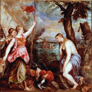 Spanyolország a vallás segélyére: V. Pius pápa csapatainak (Spanyolországot is beleértve) győzelmének allegóriája az Oszmán Birodalom flottája felett az 1571-es lepantei tengeri csatában. Egy nőt, denude-t (vallást) megment egy harcos. Spanyolország. Festé