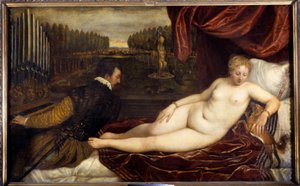 Az Un woman nude lie en pres un homme orgonán című koncert. Tiziano Vecellio Tizianus című festménye (1485-1576)