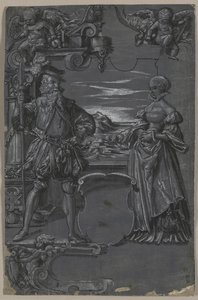 Tervezés üvegfestéshez: Férfi és nő építészeti környezetben, 1500-as évek második fele. alkotó: Tobias Stimmer