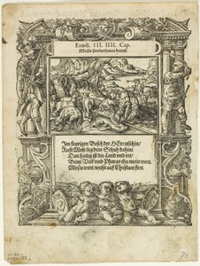 Mózes és az égő bokor (recto) és A folyóba tett csecsemő Mózes (verso) a Neue künstliche Figuren biblischer Historienből, 55. tábla a XVI. századi könyvek fametszeteiből alkotó: Tobias Stimmer