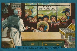 Lány csokoládét vásárol egy boltban (színes litográfia) alkotó: Tom Browne