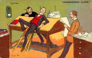 Lustálkodó, túlhajszolt hivatalnok (színes litográfia) alkotó: Tom Browne