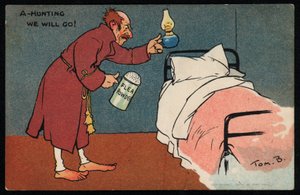 Férfi bolhákra vadászik az ágyában (chromolitho) alkotó: Tom Browne
