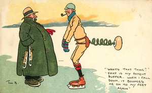 Férfi olyan eszközzel, amely visszaállítja a lábára, ha korcsolyázás közben leesik (színes litó) alkotó: Tom Browne