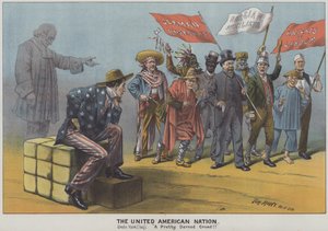 The United American Nation, szatíra a bevándorlók sokféleségéről a 19. századi amerikai társadalomban (színes litográfia)