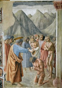 A neofitákat keresztelő Szent Péter (Szent Péter megkereszteli a neofitákat) Masaccio (Tommaso di ser Giovanni di Mone Cassai) freskója (1401-1428) 1425-1427 Mérete 229,9x161,9 cm Firenzei Santa Maria del Carmine templom, Branc Santa Maria del Carmine alkotó: Tommaso Masaccio