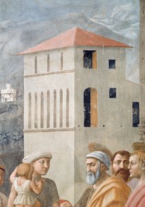 Szent Péter az egyház közös javait osztva, Anániás halála, A háttér építészetének részlete, 1427 körüli freskó lásd még 57194, 63321 és 63322 alkotó: Tommaso Masaccio