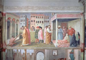 Szent Péter egy nyomorékot gyógyító és Tabitha feltámasztása, 1427 körül freskó, az utóbbi részleteiért lásd a 60508.