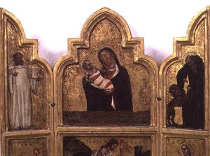 Madonna és gyermek Szent Benedekkel és Szent Jeromossal, a triptichon felső fele (lásd még: 78652) alkotó: Tommaso da Modena Barisino or Rabisino