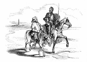 Don Quijote (Qijote, Quijote) Rossinante nevű lován lovagol, szamárháton a fidele squiyer Sancho Panzával (Panca). Cervantes regényének illusztrációja, amelyet Franciaországban 1845-ben a Dubochet  Cie adott ki, Louis Viardot fordítása, a metszeteket Ony J