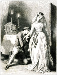 Sóhajtozó szerelmes térdel gyönyörű jegyese lábainál gyertyafényes enteriőrben - romantikus ruhájú és frizurájú lány - metszet (metszet 1845), készítette: Tony Johannot (Antoine Johannot dit